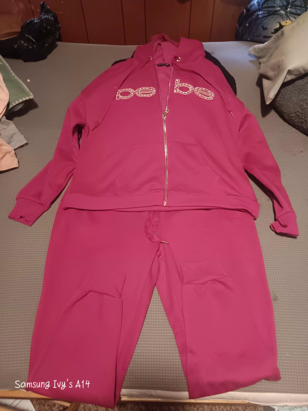 bebe Hot Pink Rhinestone Logo Zip Hoodie & Jogger Set